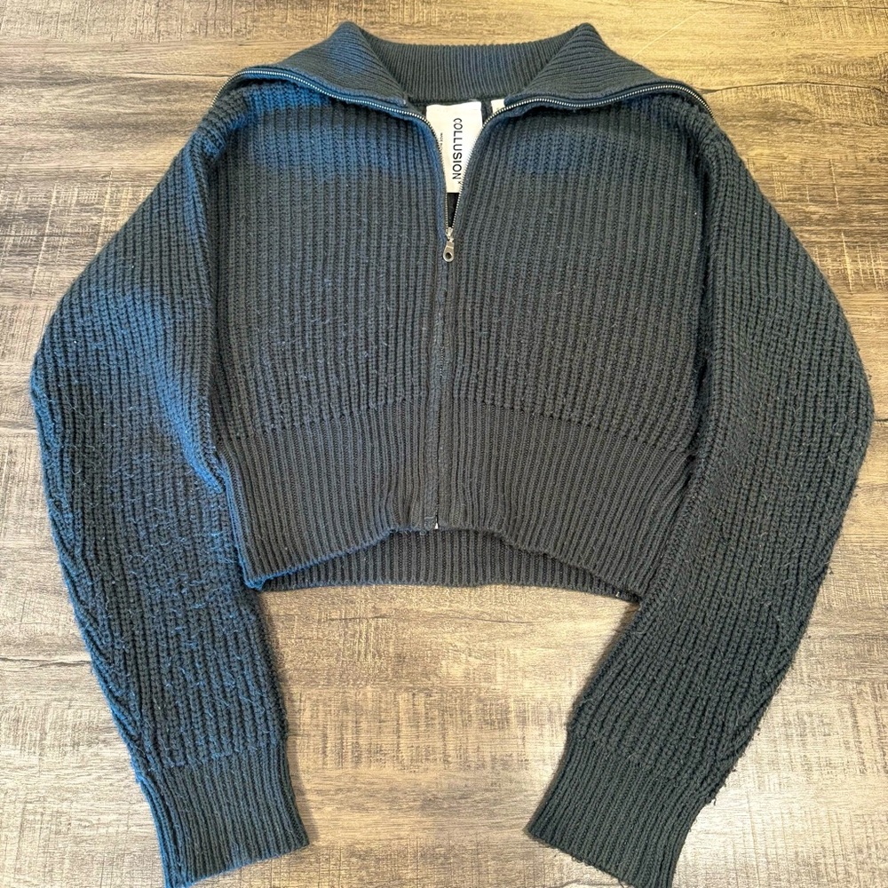 COLLUSION knitted cardigan with oversized zip collar in charcoal gray